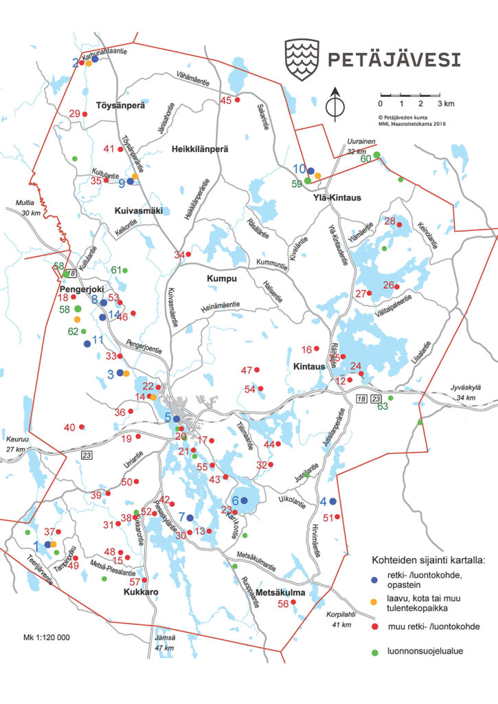Karttakuva Petäjäveden luontokohteista.