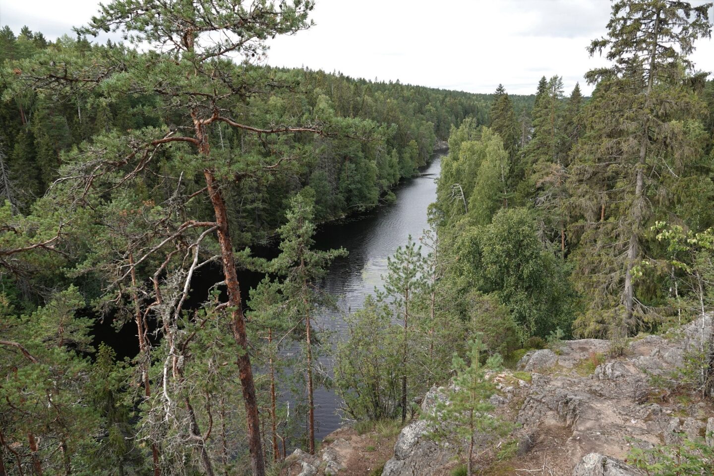 Näkymä järvenrantakalliolta Helvetinjärven kansallispuistossa.