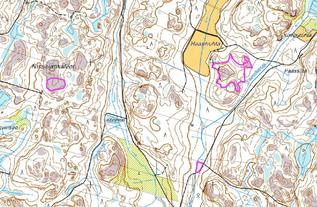 Maastokarttakuvaan on merkattu luonnontilaiset ja luonnontilaisen kaltaiset kohteet, joiden turvaaminen edellyttää muutoksia kaavaehdotukseen.