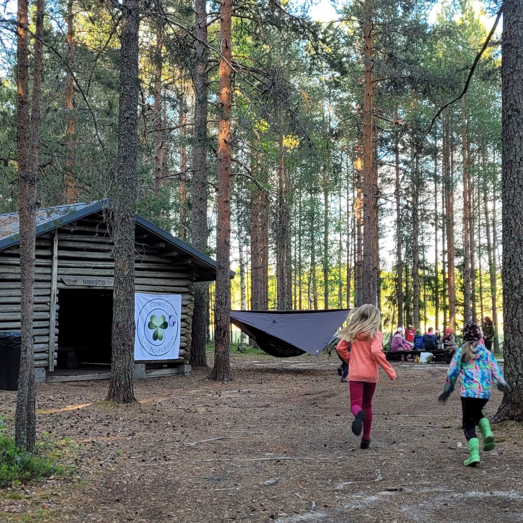 Kuvassa lapset juoksevat kesäisessä mäntymetsässä. Nuotiolla istuu ihmisiä jutustelemassa. Riippumatto on viritetty puiden väliin.