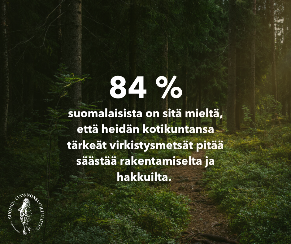 84% suomalaisista on sitä mieltä, että heidän kotikuntansa tärkeät virkistysmetsät pitää säästää rakentamiselta ja hakkuilta