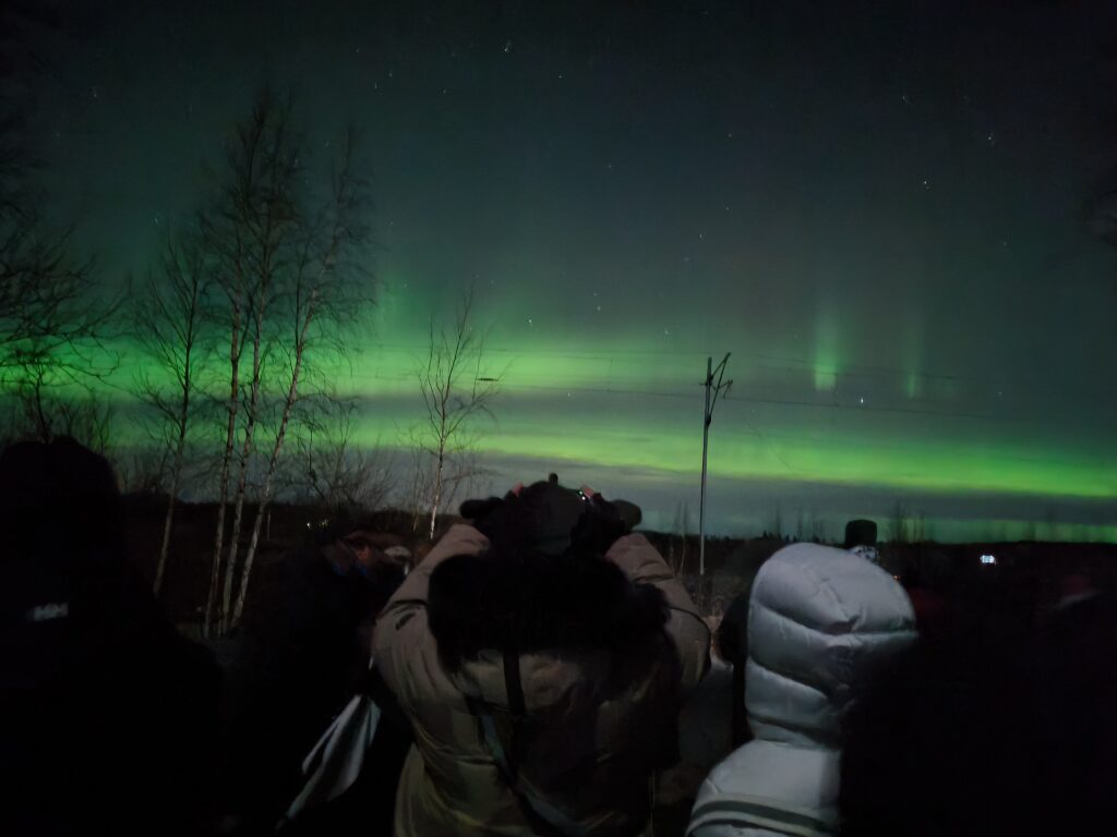 Lintupöllöretkeläisiä revontulten leimussa.