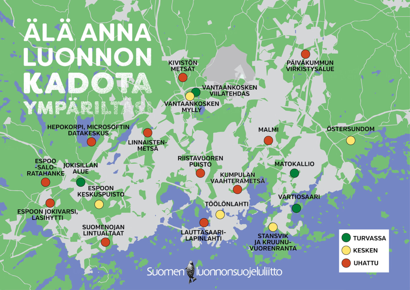 Kartalla pääkaupunkiseudun luontokohteita esiteltynä eri värein sen mukaan ovatko ne säästyneet luontotuhoilta, uhattuna vai kohtaloltaan epäselviä. Jutusta lisätietoja.