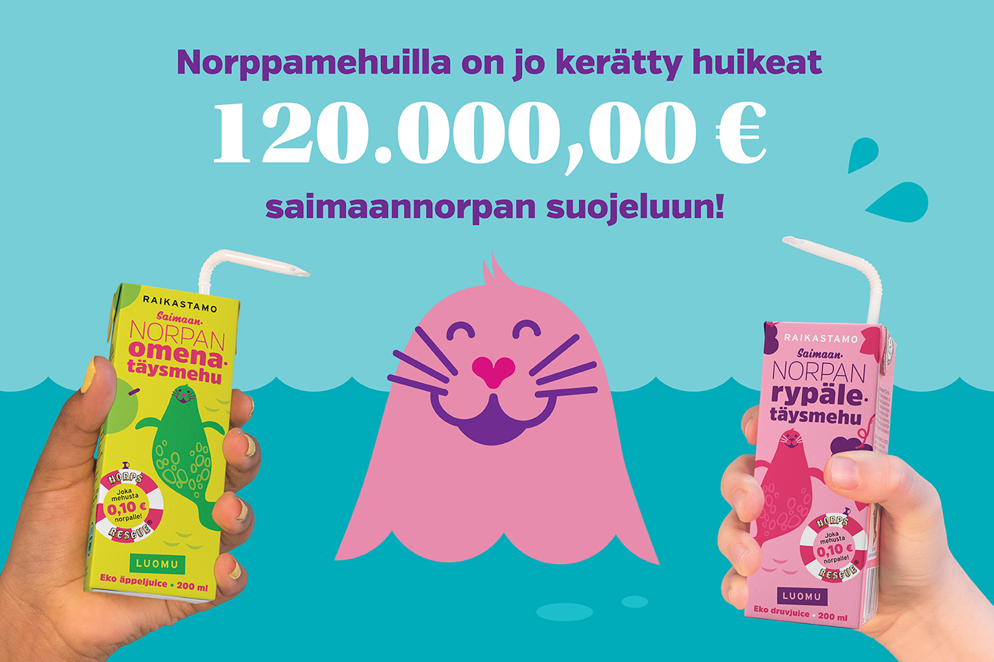 Iloinen saimaannorppahahmo kertoo saimaannorpan pillimehuilla kerätyn 120 000 euroa saimaannorpan suojeluun.