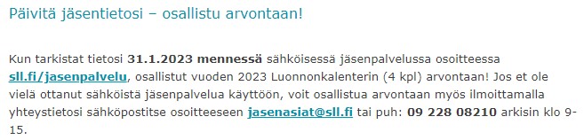 Ote SLL:n jäsenkirjeen osiosta, jossa kehotetaan päivittämään omat jäsentiedot osoitteessa sll.fi/jasenpalvelu