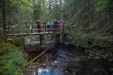 Riuttaskorven retkeilijät koskella